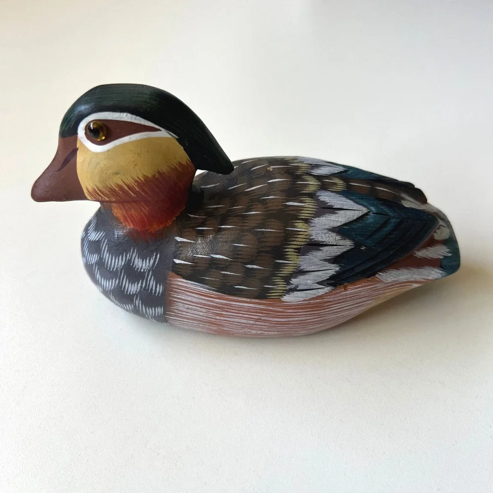Vintage Hand Carved Wooden Duck Figurine Hand Painted Bird Rustic Cabin Decor
